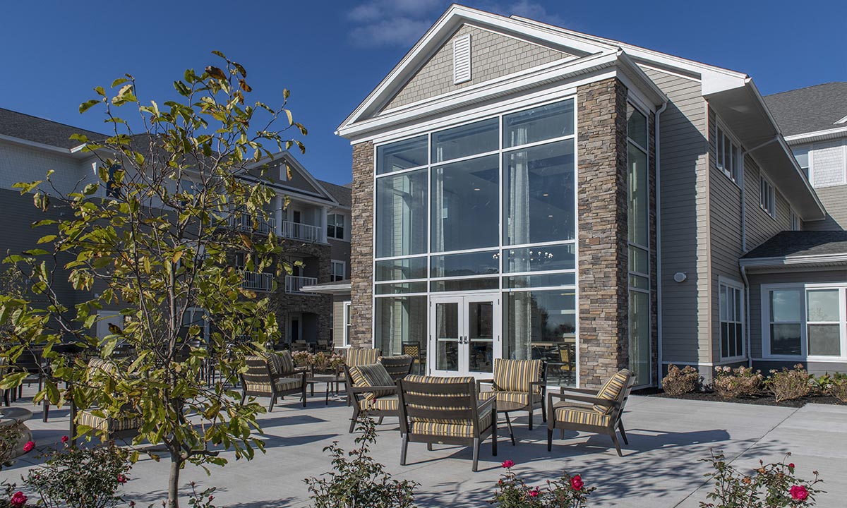 Exterior-Sitting Area-HarborChase of South Portland-Maine Senior Living