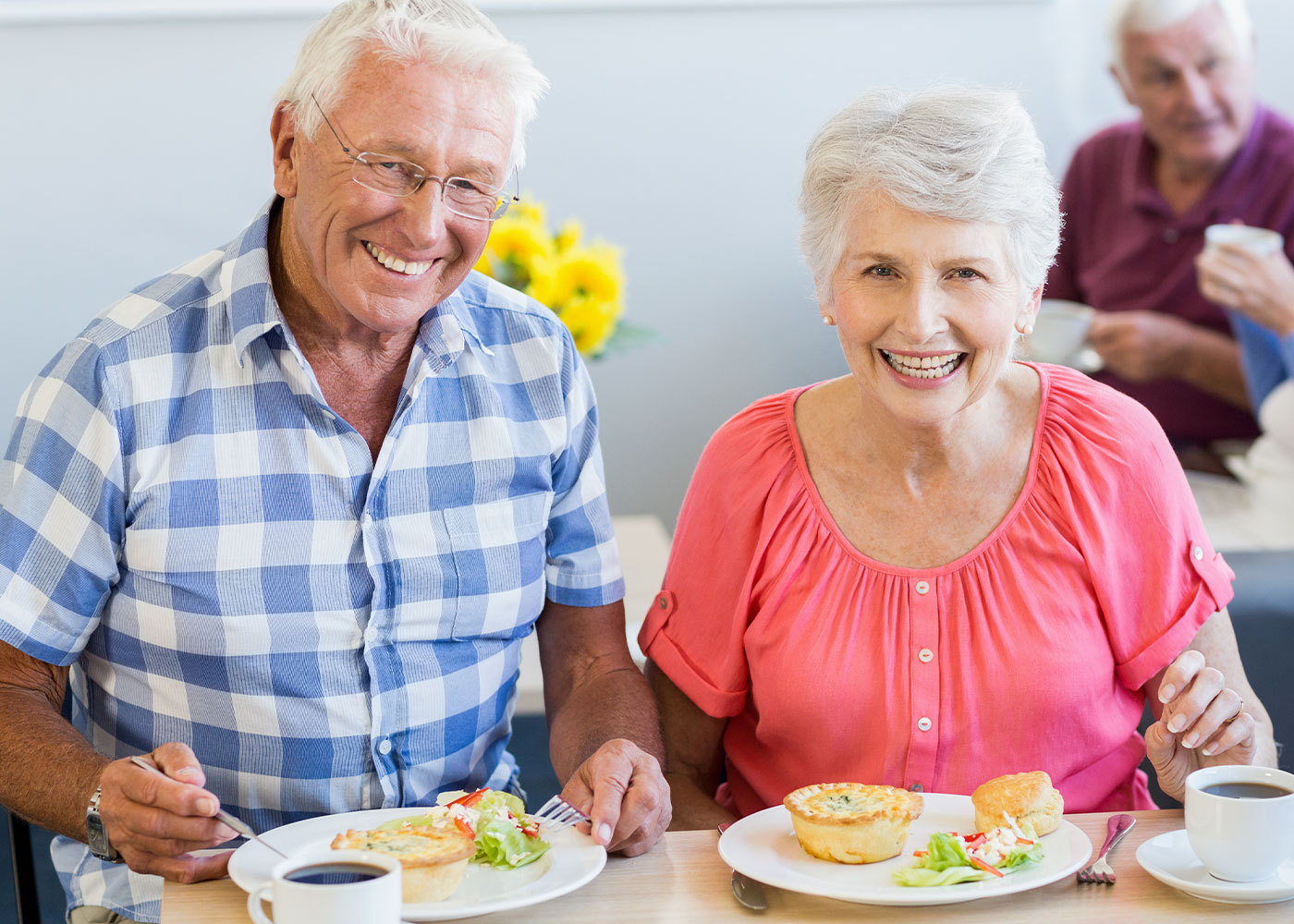 Older Couple Smiling, Dining-HarborChase of Naperville-Illinois Senior Living