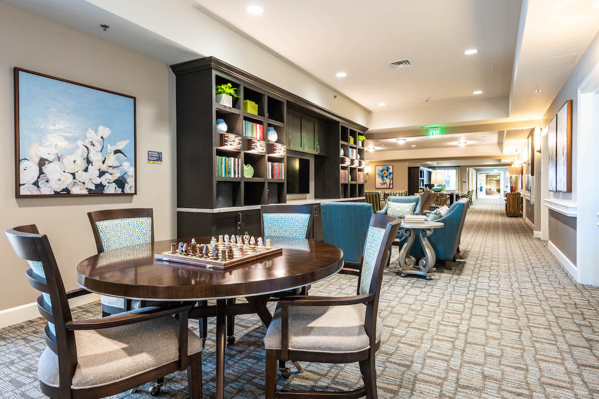 Interior Sitting Area with Chess Board-HarborChase of Wellington Crossing, Florida Senior Living