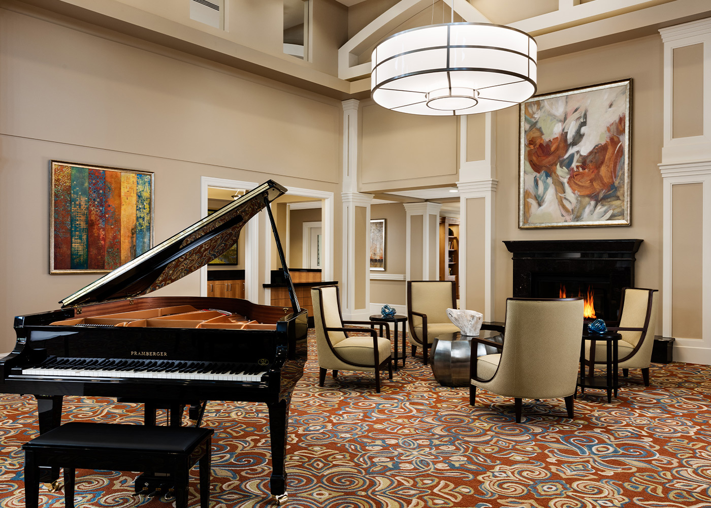Interior-Sitting Area with Piano and Fireplace-HarborChase of Naperville-Illinois Senior Living