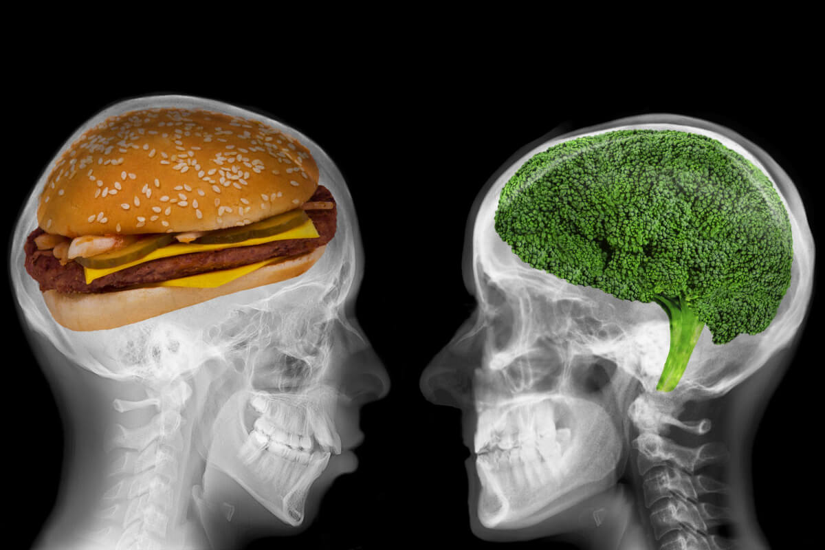 Xray view-Burger on left side versus broccoli on right side-How food impacts brain health